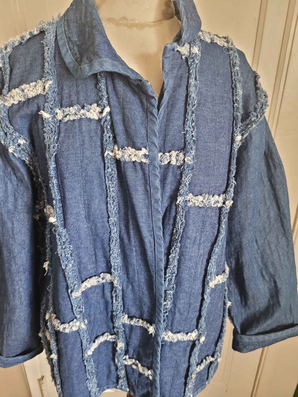 Frayed Panel Denim Jacket in Medium Blue...reversable